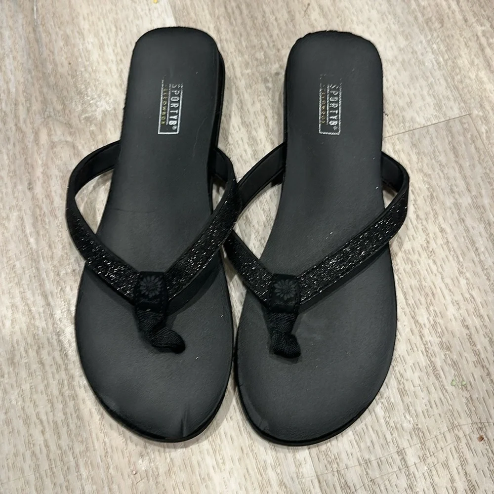 Yellow Box sporty B Size 9.5 Black glitter small strap Woven Flip Flop low,soft - Picture 1 of 5